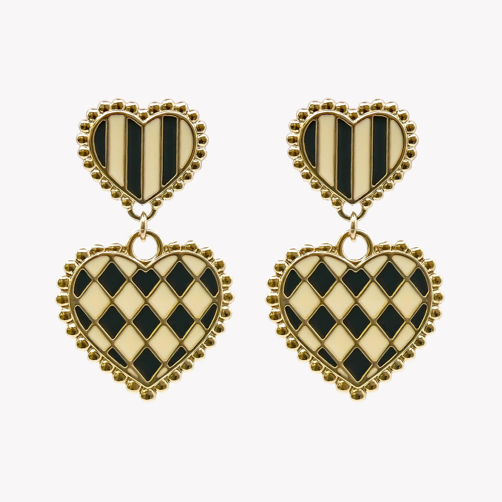 Boucles d'oreilles double cœur damier