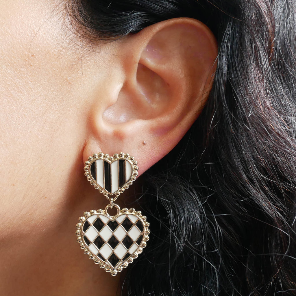 Boucles d'oreilles double cœur damier