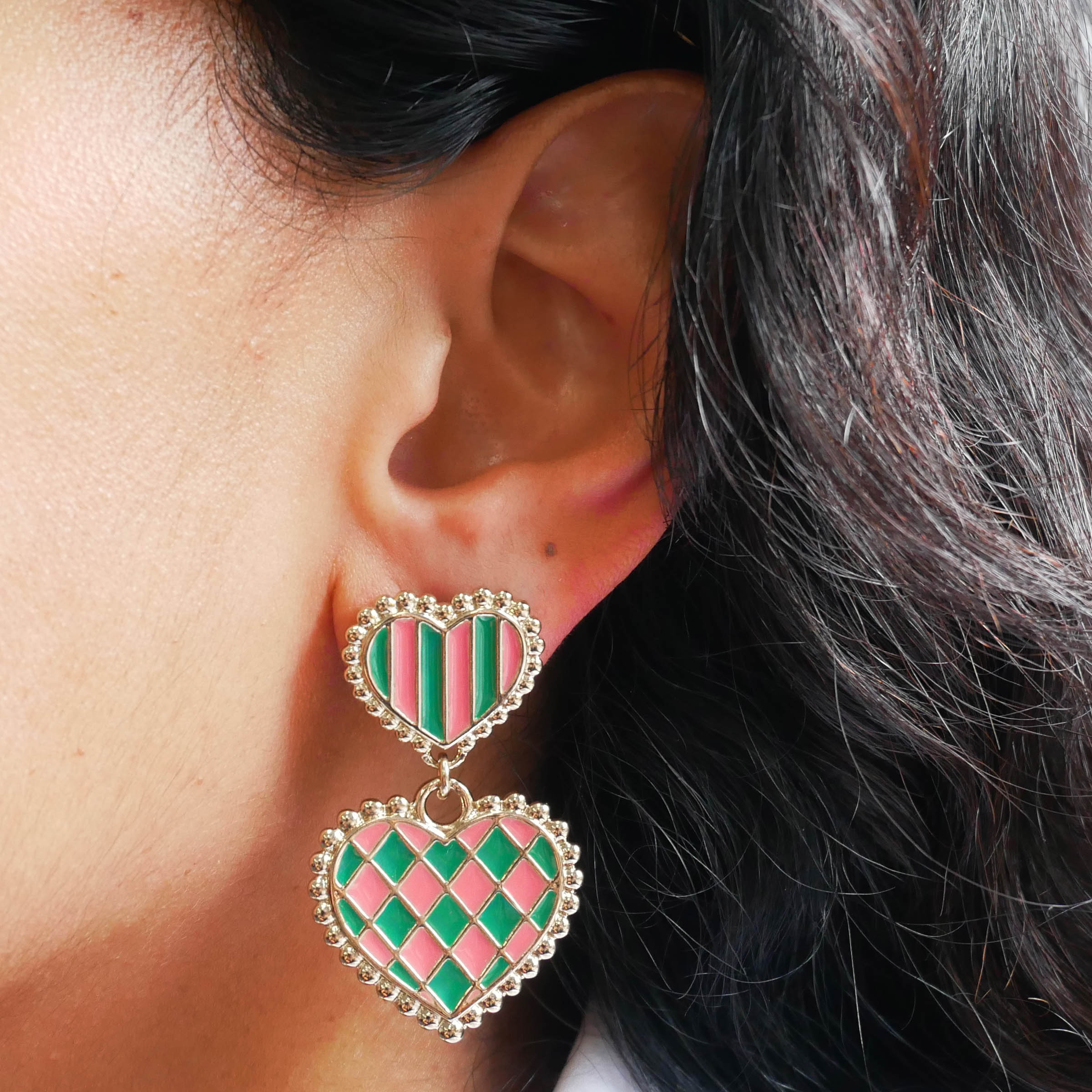 Boucles d'oreilles double cœur damier
