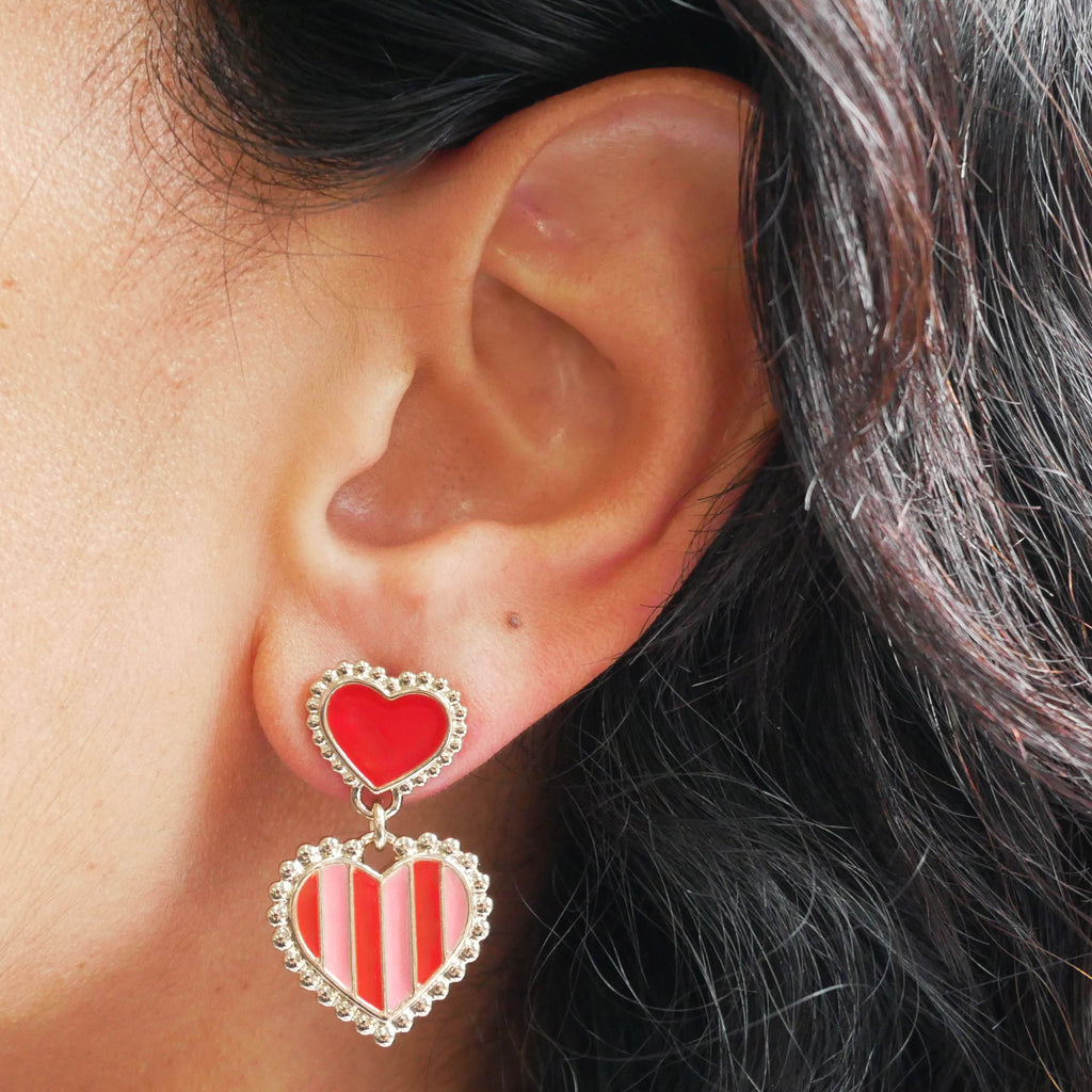 Boucles d'oreilles double cœur rayé