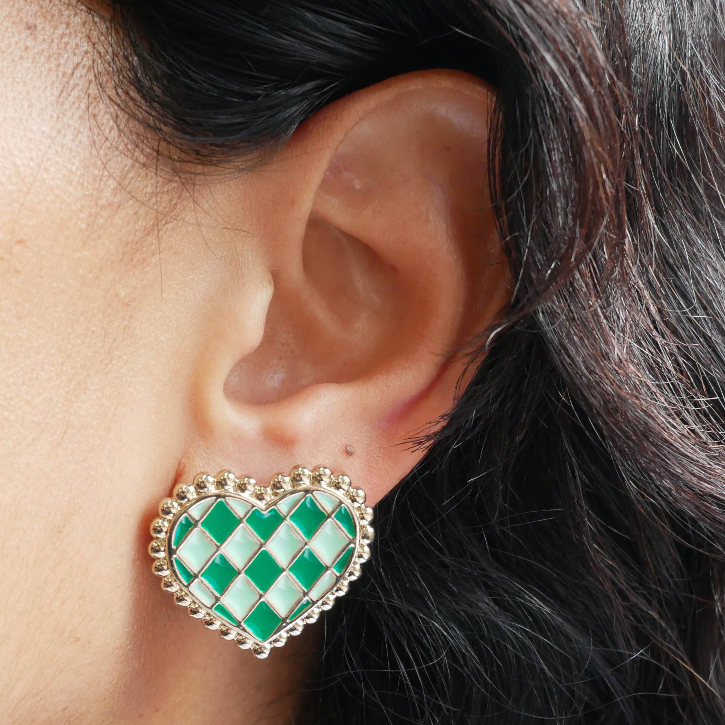 Boucles d'oreilles puce cœur damier