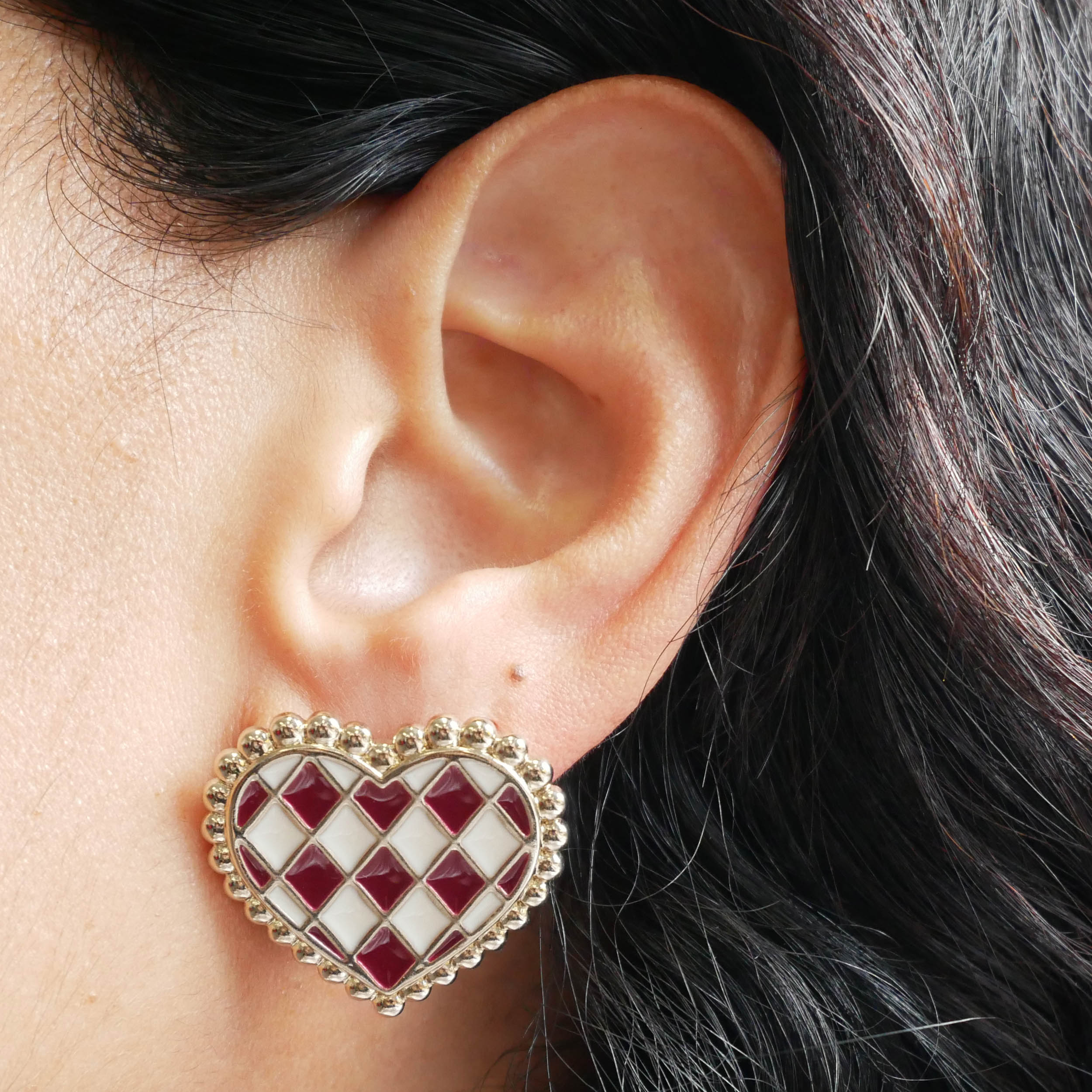 Boucles d'oreilles puce cœur damier